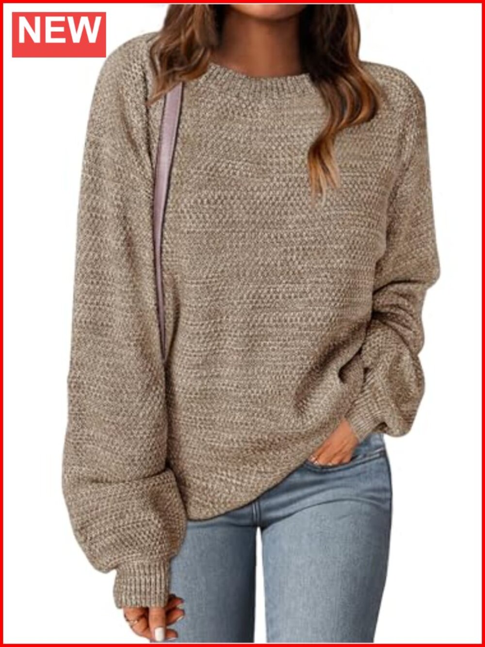 Cozy Heathered Knit Loose Pullover Sweater Lantern Sleeve
